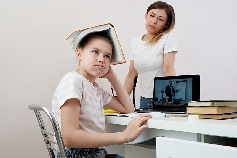 Mother And Daughter Fighting About Homework, Upset Mother Is Angry To Little Bored Daughter, Homeschooling, Misunderstanding
